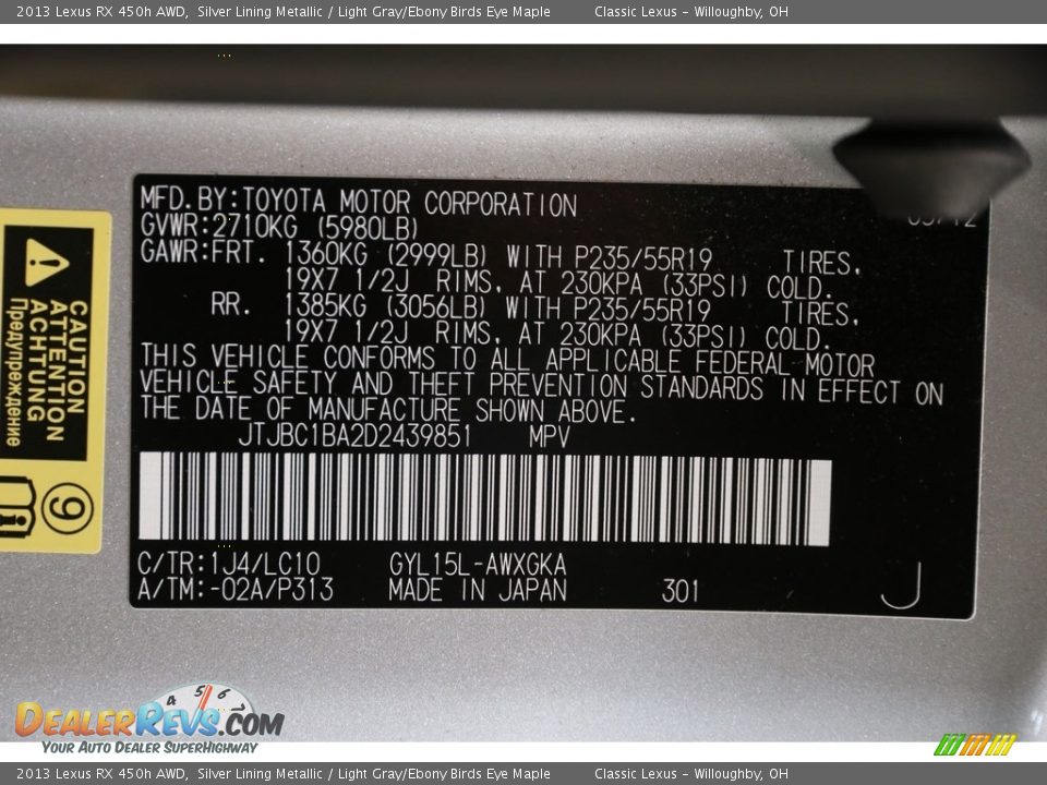 2013 Lexus RX 450h AWD Silver Lining Metallic / Light Gray/Ebony Birds Eye Maple Photo #25