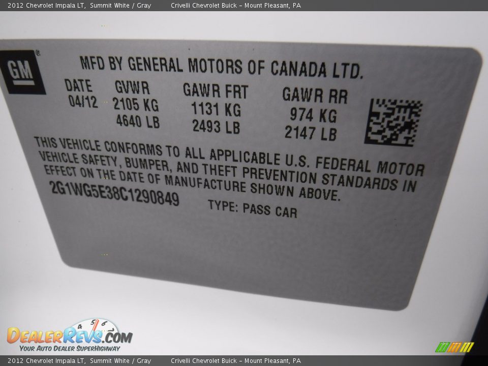 2012 Chevrolet Impala LT Summit White / Gray Photo #34