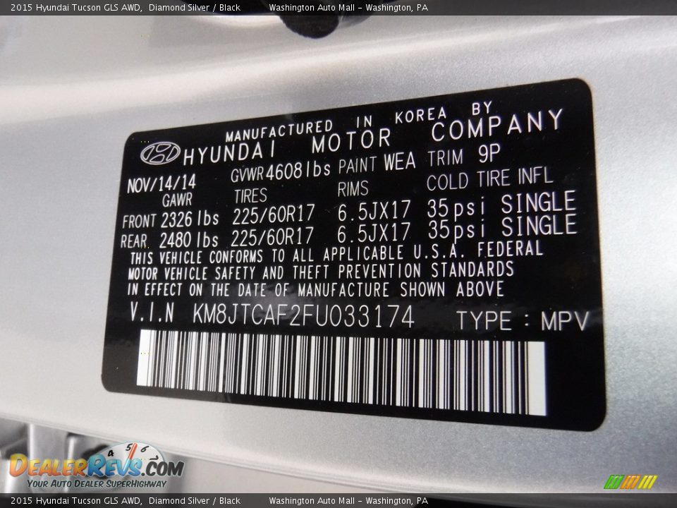 2015 Hyundai Tucson GLS AWD Diamond Silver / Black Photo #24