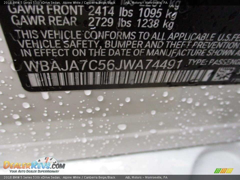 2018 BMW 5 Series 530i xDrive Sedan Alpine White / Canberra Beige/Black Photo #19