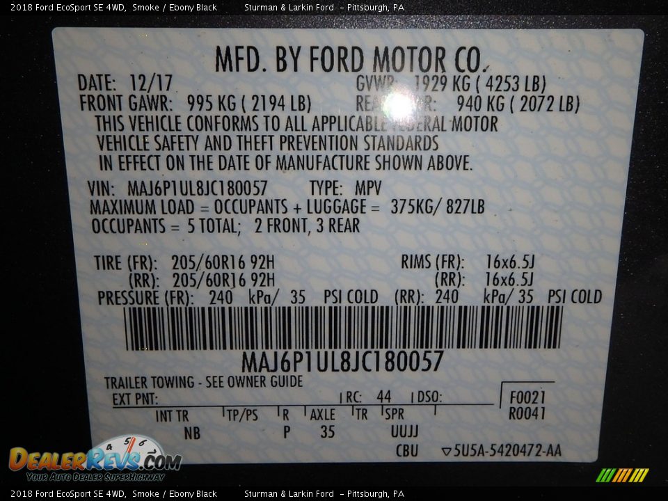 2018 Ford EcoSport SE 4WD Smoke / Ebony Black Photo #10