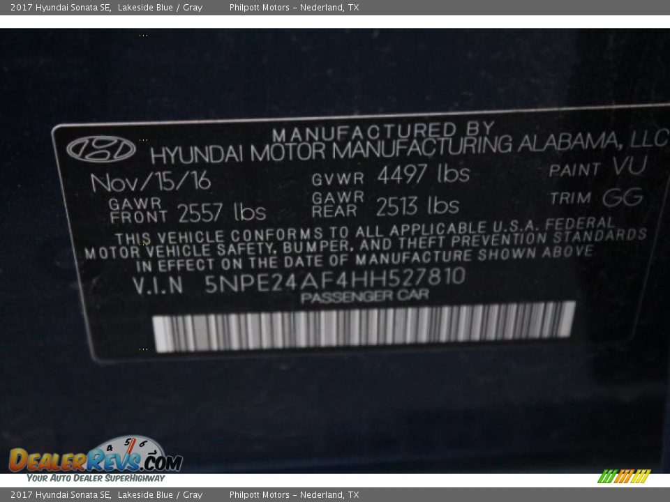 2017 Hyundai Sonata SE Lakeside Blue / Gray Photo #35