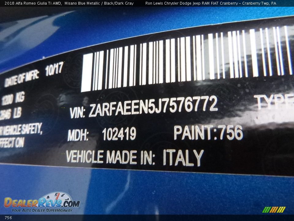 Alfa Romeo Color Code 756 Misano Blue Metallic