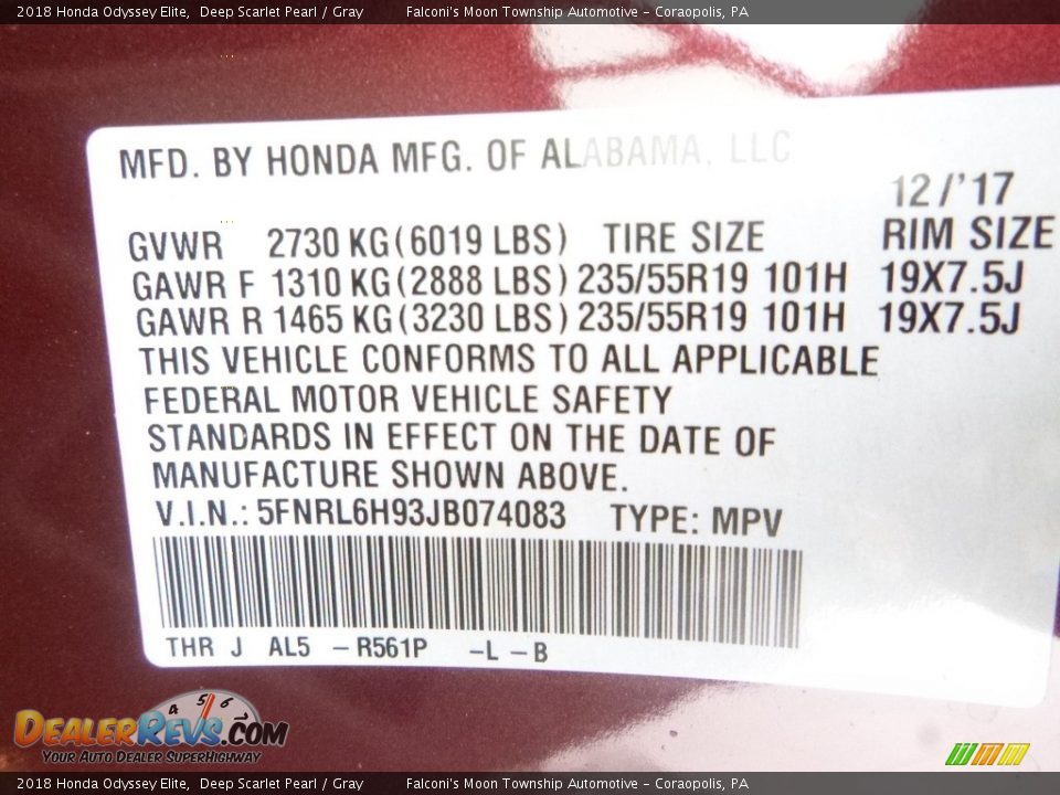 2018 Honda Odyssey Elite Deep Scarlet Pearl / Gray Photo #11