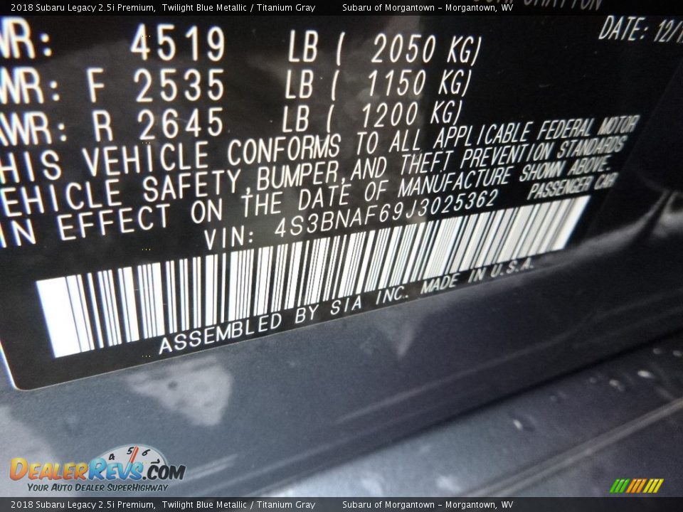 2018 Subaru Legacy 2.5i Premium Twilight Blue Metallic / Titanium Gray Photo #15