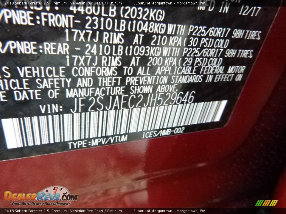 2018 Subaru Forester 2.5i Premium Venetian Red Pearl / Platinum Photo #16
