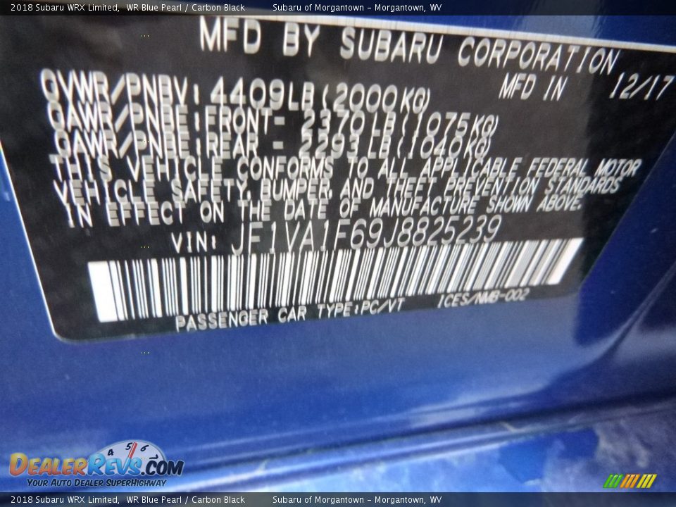 2018 Subaru WRX Limited WR Blue Pearl / Carbon Black Photo #16