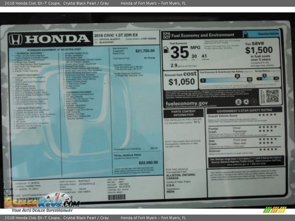 2018 Honda Civic EX-T Coupe Crystal Black Pearl / Gray Photo #35