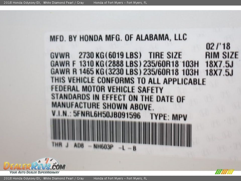 2018 Honda Odyssey EX White Diamond Pearl / Gray Photo #36