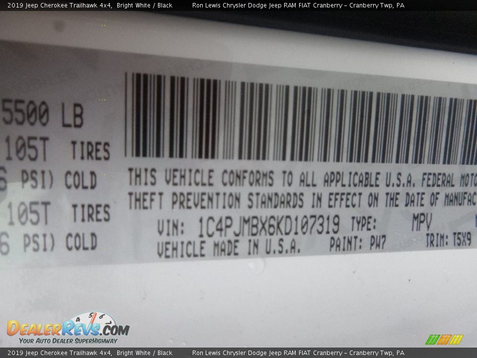 2019 Jeep Cherokee Trailhawk 4x4 Bright White / Black Photo #15