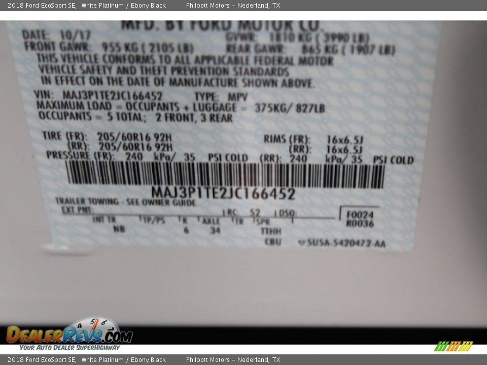 2018 Ford EcoSport SE White Platinum / Ebony Black Photo #35