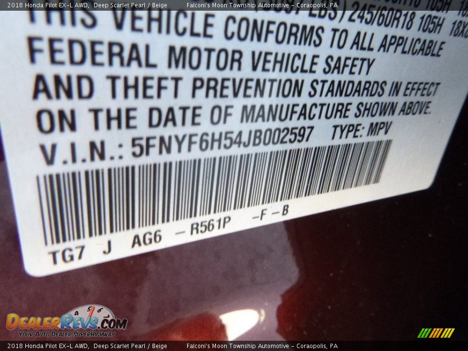 2018 Honda Pilot EX-L AWD Deep Scarlet Pearl / Beige Photo #12
