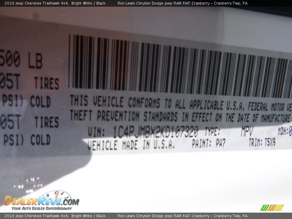 2019 Jeep Cherokee Trailhawk 4x4 Bright White / Black Photo #14