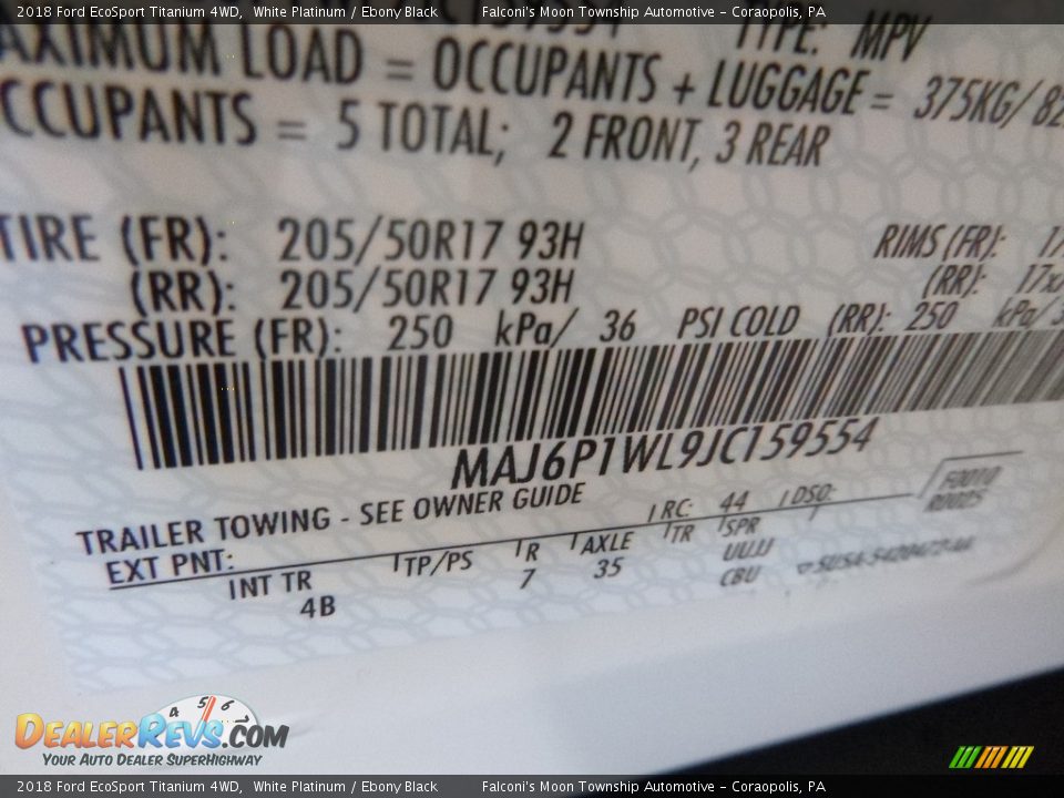 2018 Ford EcoSport Titanium 4WD White Platinum / Ebony Black Photo #12