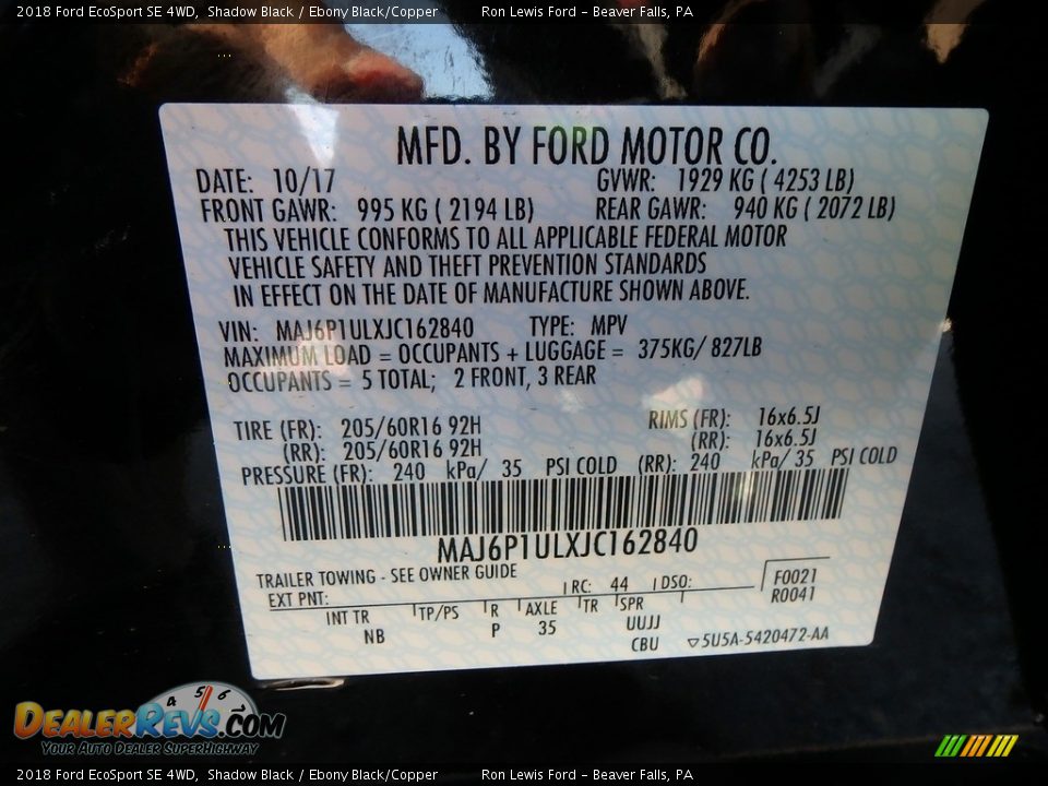 2018 Ford EcoSport SE 4WD Shadow Black / Ebony Black/Copper Photo #16