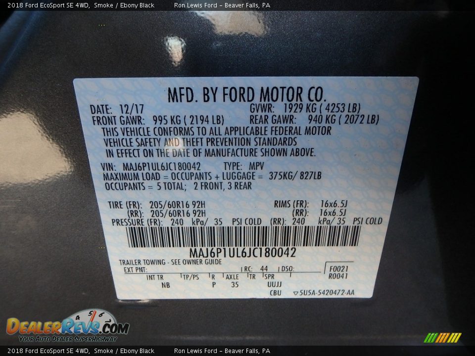 2018 Ford EcoSport SE 4WD Smoke / Ebony Black Photo #16