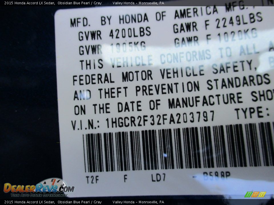 2015 Honda Accord LX Sedan Obsidian Blue Pearl / Gray Photo #20