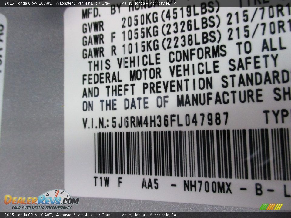 2015 Honda CR-V LX AWD Alabaster Silver Metallic / Gray Photo #19