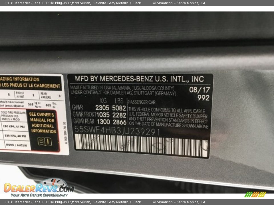 2018 Mercedes-Benz C 350e Plug-in Hybrid Sedan Selenite Grey Metallic / Black Photo #10