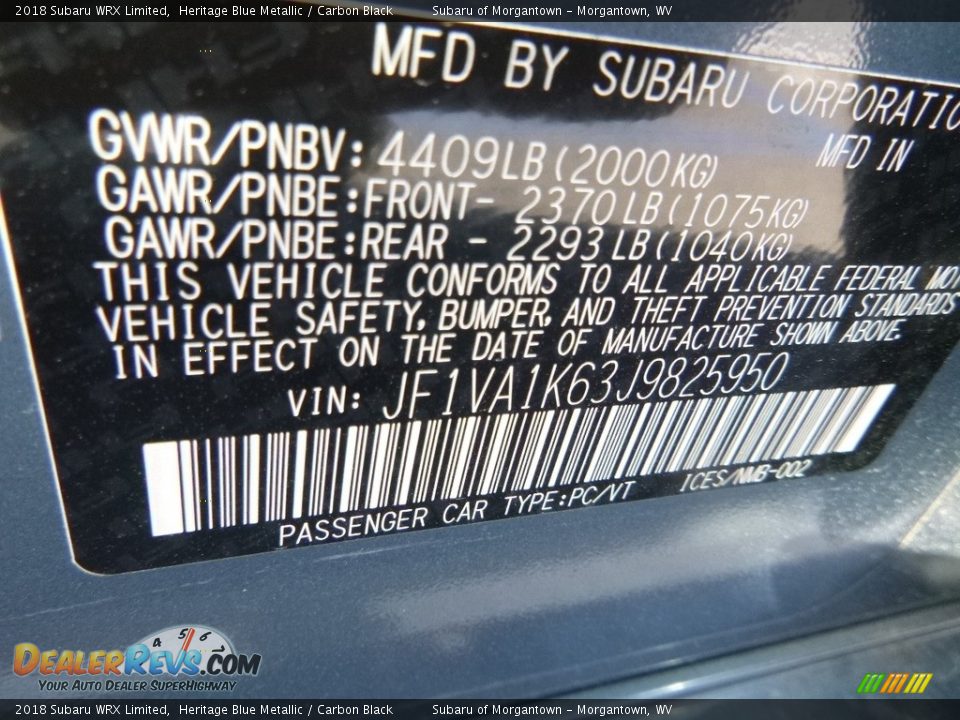 2018 Subaru WRX Limited Heritage Blue Metallic / Carbon Black Photo #15
