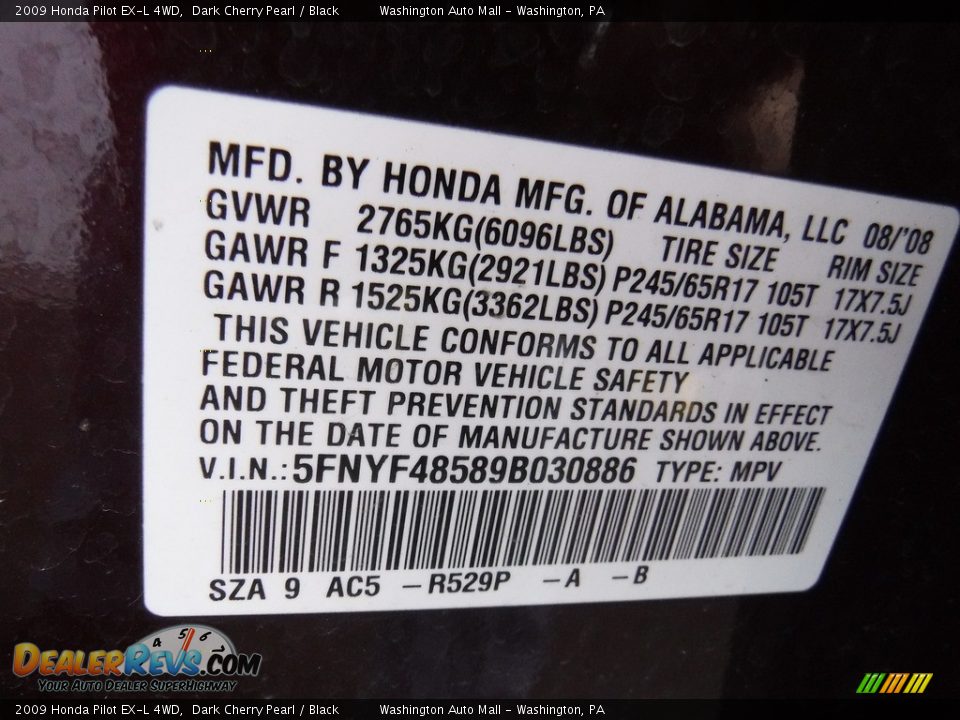2009 Honda Pilot EX-L 4WD Dark Cherry Pearl / Black Photo #24