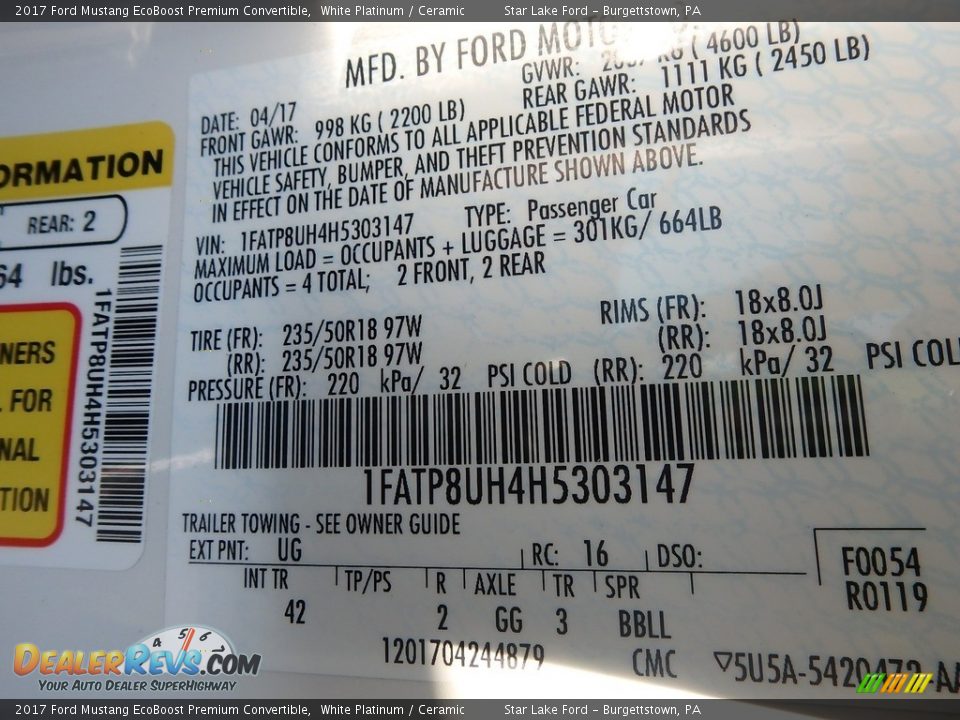 2017 Ford Mustang EcoBoost Premium Convertible White Platinum / Ceramic Photo #14