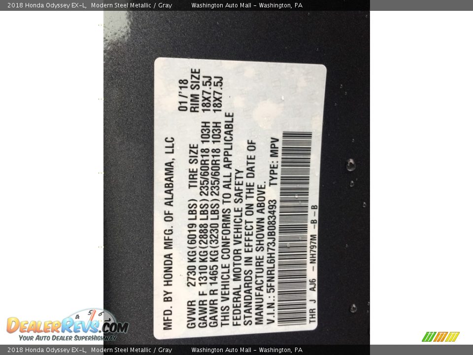 2018 Honda Odyssey EX-L Modern Steel Metallic / Gray Photo #31