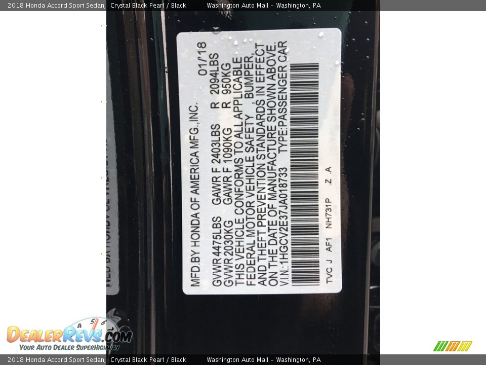 2018 Honda Accord Sport Sedan Crystal Black Pearl / Black Photo #25