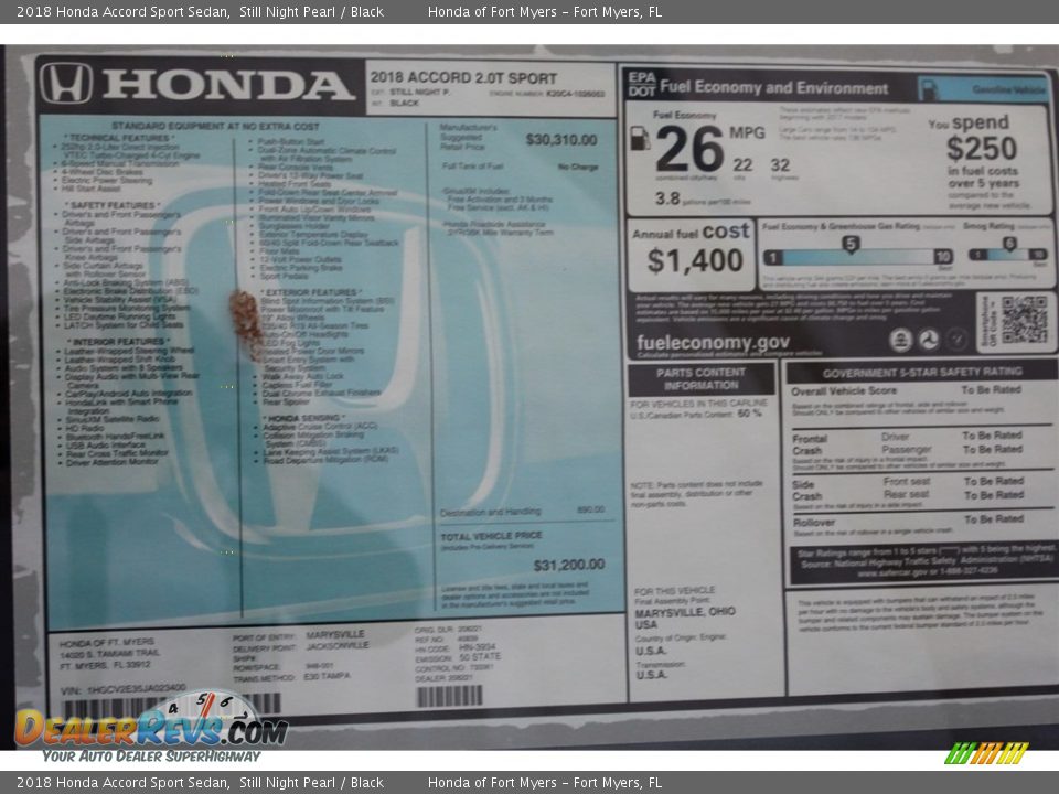 2018 Honda Accord Sport Sedan Window Sticker Photo #35