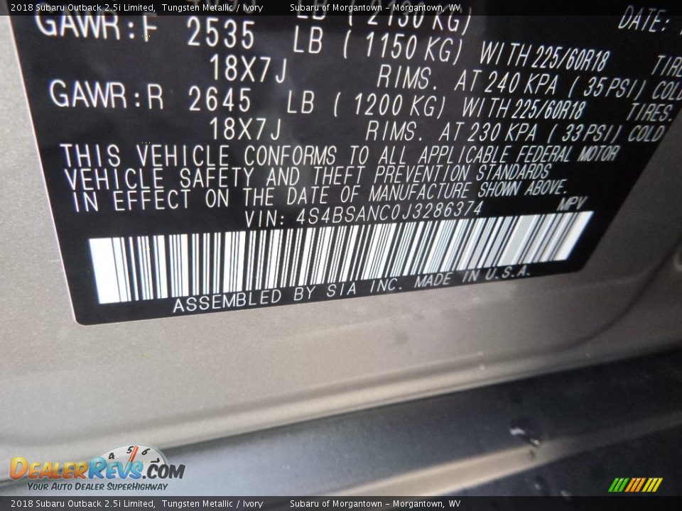 2018 Subaru Outback 2.5i Limited Tungsten Metallic / Ivory Photo #14