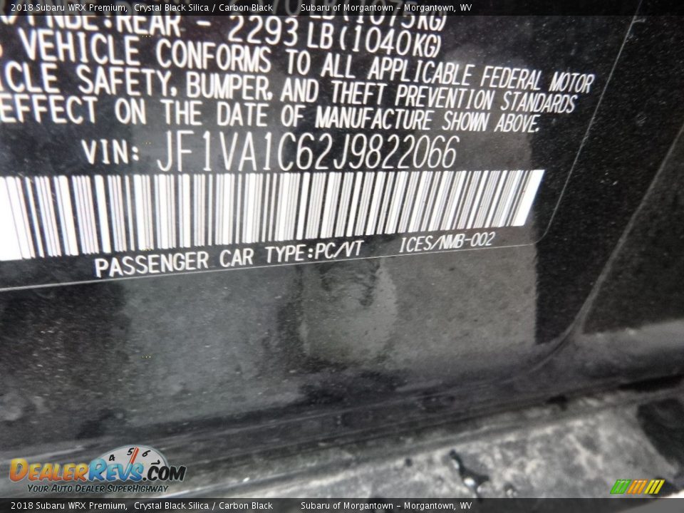 2018 Subaru WRX Premium Crystal Black Silica / Carbon Black Photo #15