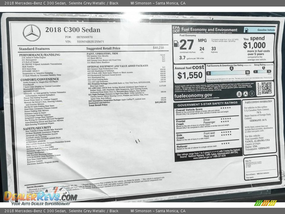 2018 Mercedes-Benz C 300 Sedan Selenite Grey Metallic / Black Photo #10