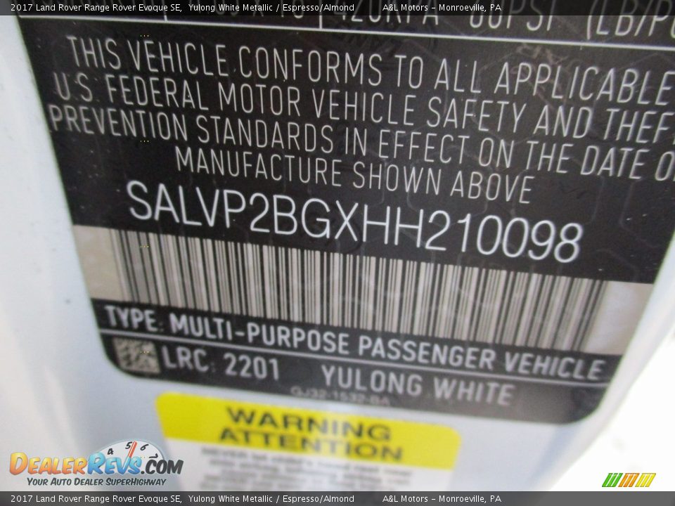 2017 Land Rover Range Rover Evoque SE Yulong White Metallic / Espresso/Almond Photo #19