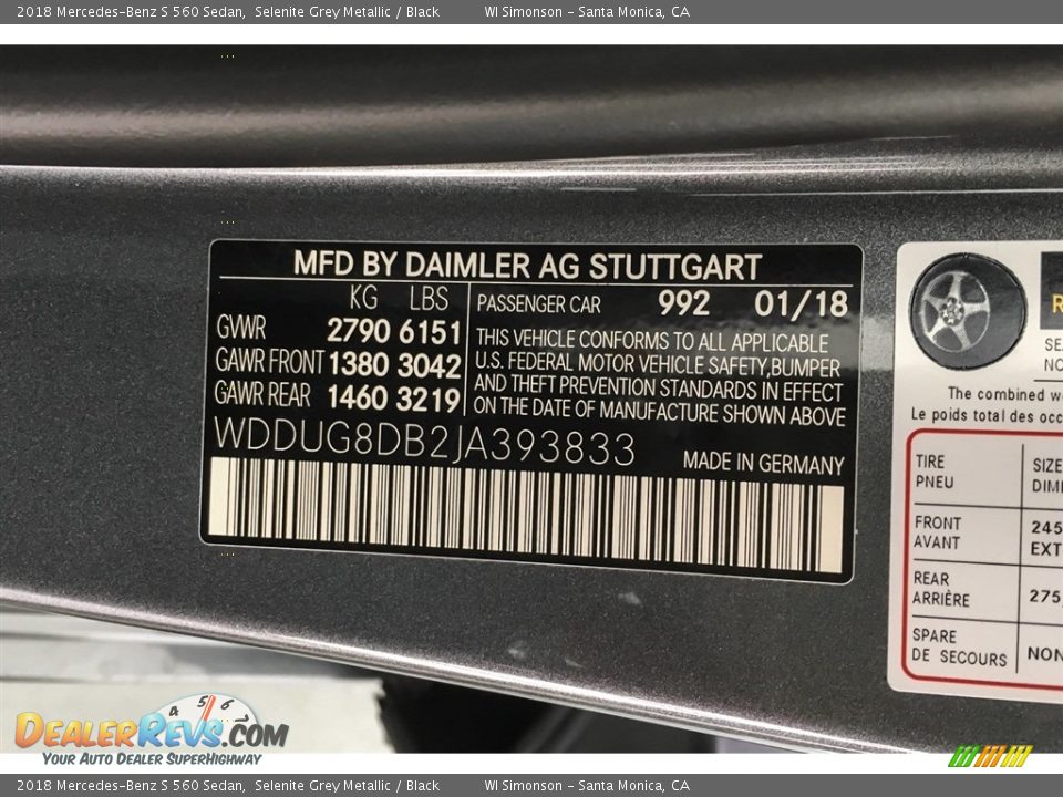 2018 Mercedes-Benz S 560 Sedan Selenite Grey Metallic / Black Photo #11