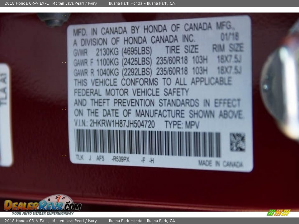 2018 Honda CR-V EX-L Molten Lava Pearl / Ivory Photo #17