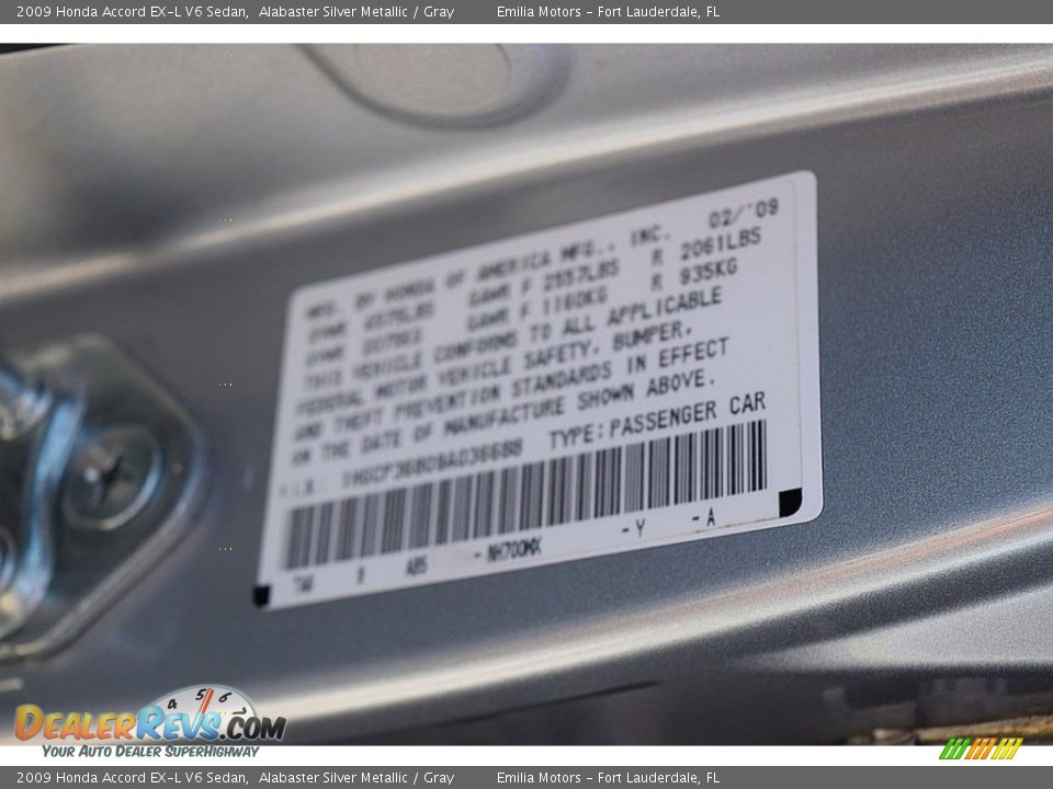 2009 Honda Accord EX-L V6 Sedan Alabaster Silver Metallic / Gray Photo #20
