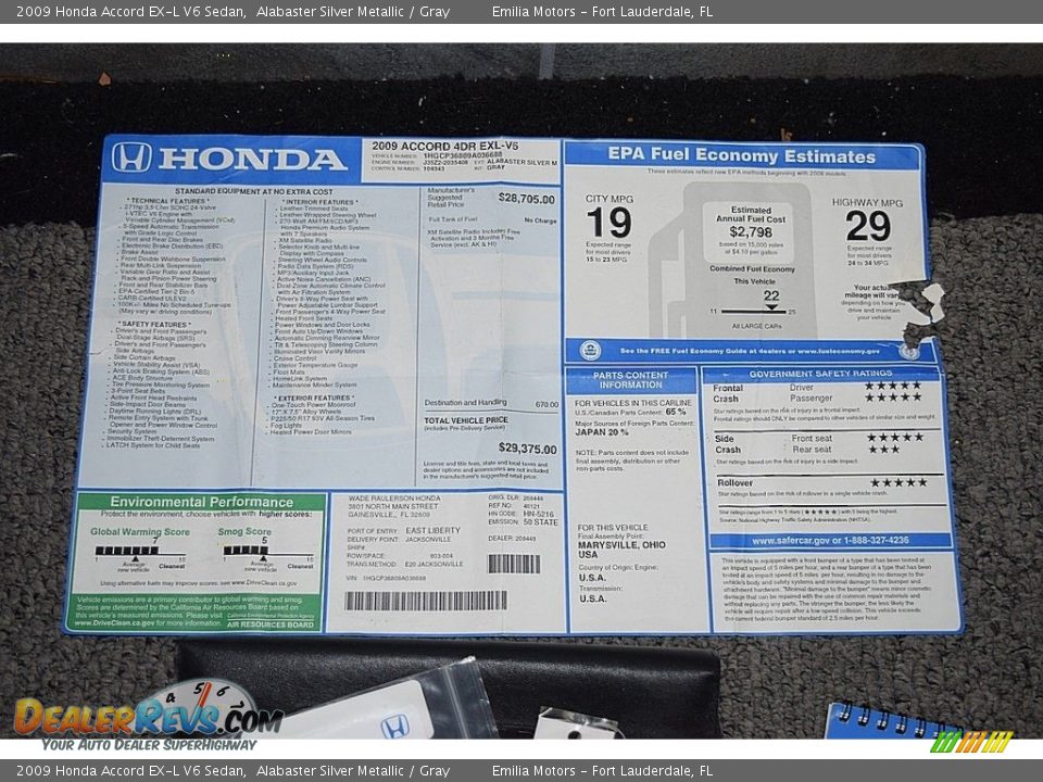 2009 Honda Accord EX-L V6 Sedan Alabaster Silver Metallic / Gray Photo #45