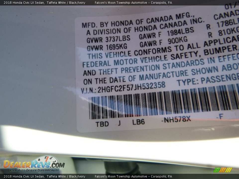 2018 Honda Civic LX Sedan Taffeta White / Black/Ivory Photo #12