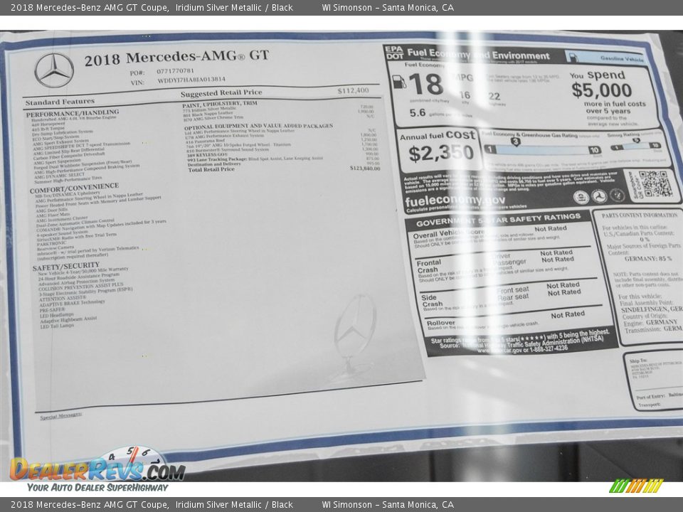 2018 Mercedes-Benz AMG GT Coupe Window Sticker Photo #22