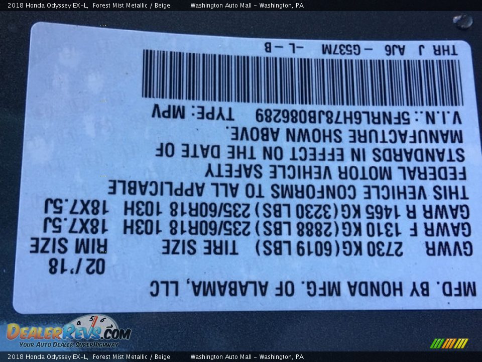 2018 Honda Odyssey EX-L Forest Mist Metallic / Beige Photo #32