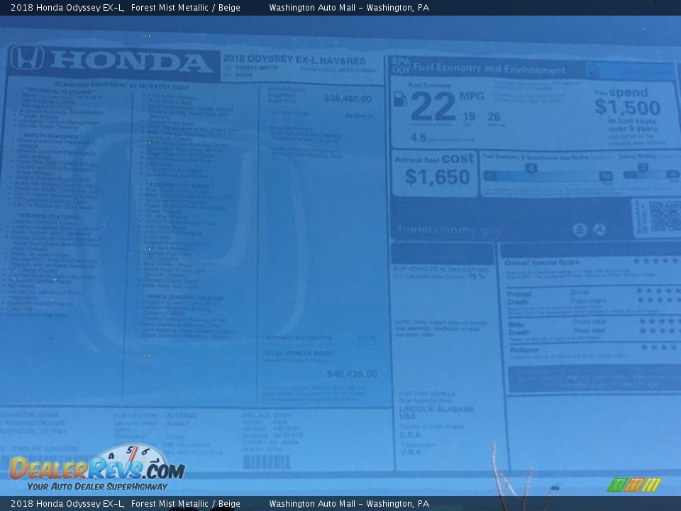 2018 Honda Odyssey EX-L Forest Mist Metallic / Beige Photo #34