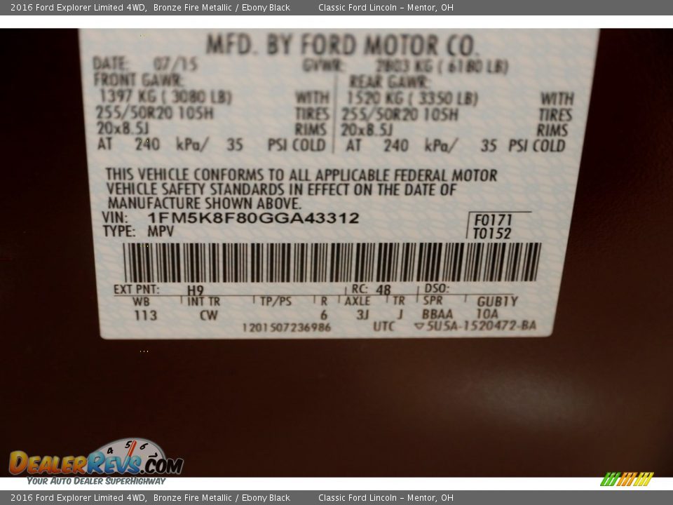 2016 Ford Explorer Limited 4WD Bronze Fire Metallic / Ebony Black Photo #24