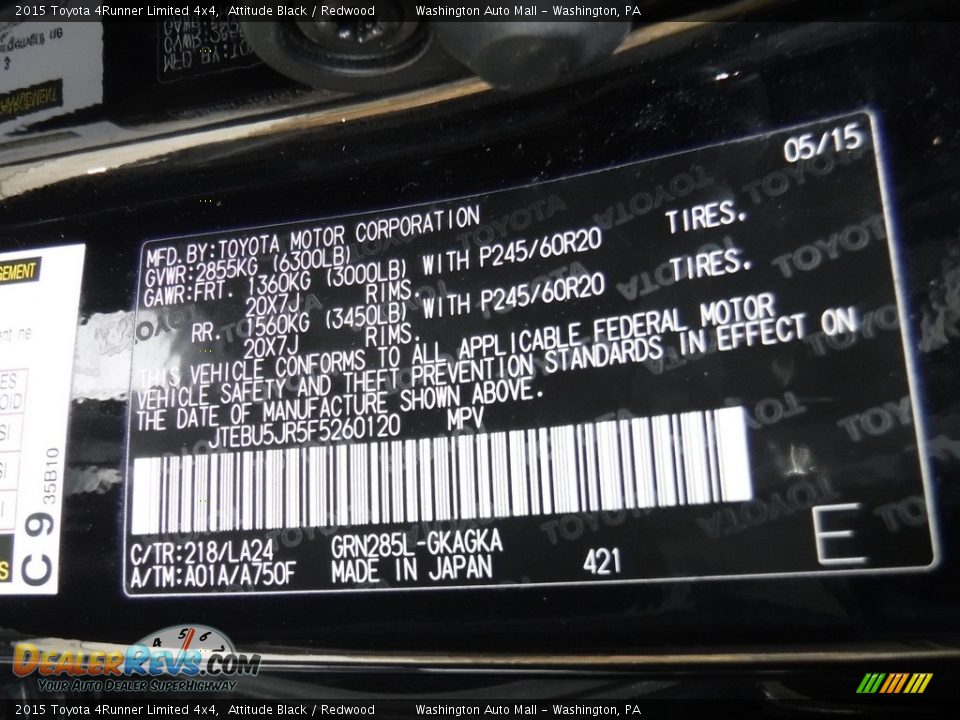 2015 Toyota 4Runner Limited 4x4 Attitude Black / Redwood Photo #34