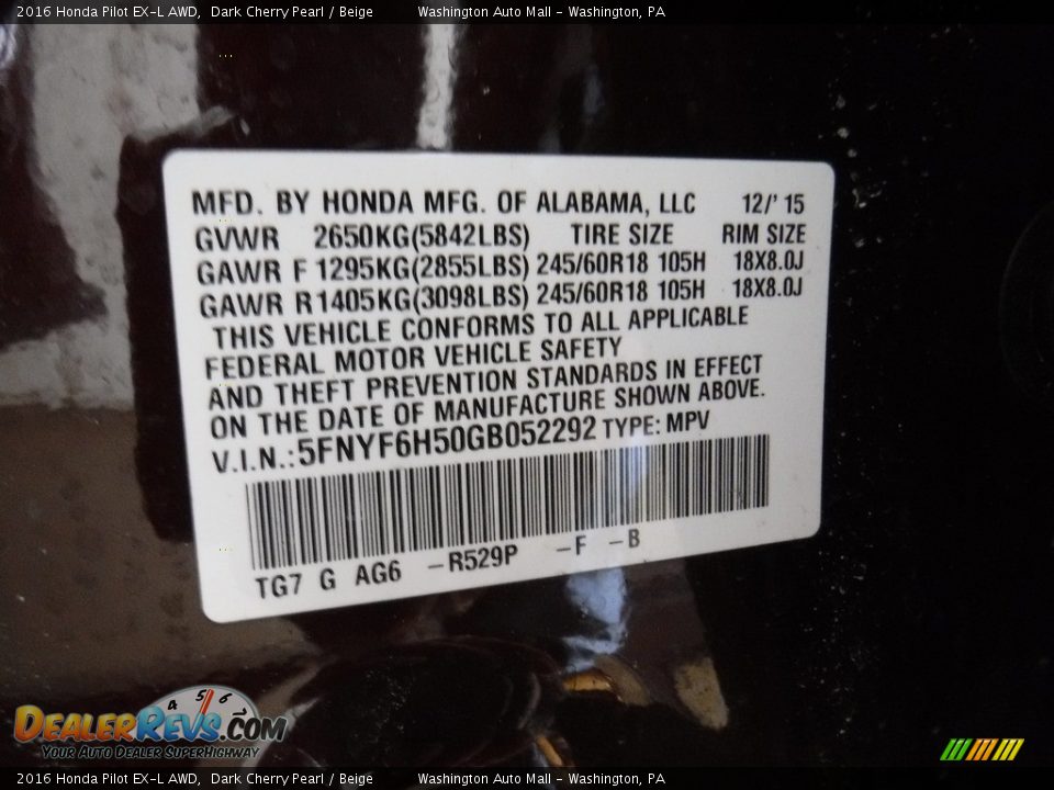 2016 Honda Pilot EX-L AWD Dark Cherry Pearl / Beige Photo #32
