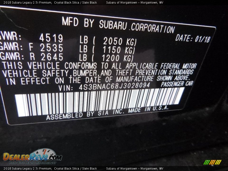 2018 Subaru Legacy 2.5i Premium Crystal Black Silica / Slate Black Photo #17