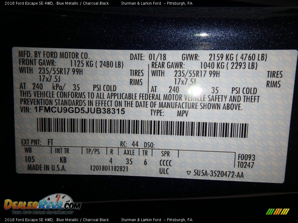 2018 Ford Escape SE 4WD Blue Metallic / Charcoal Black Photo #10