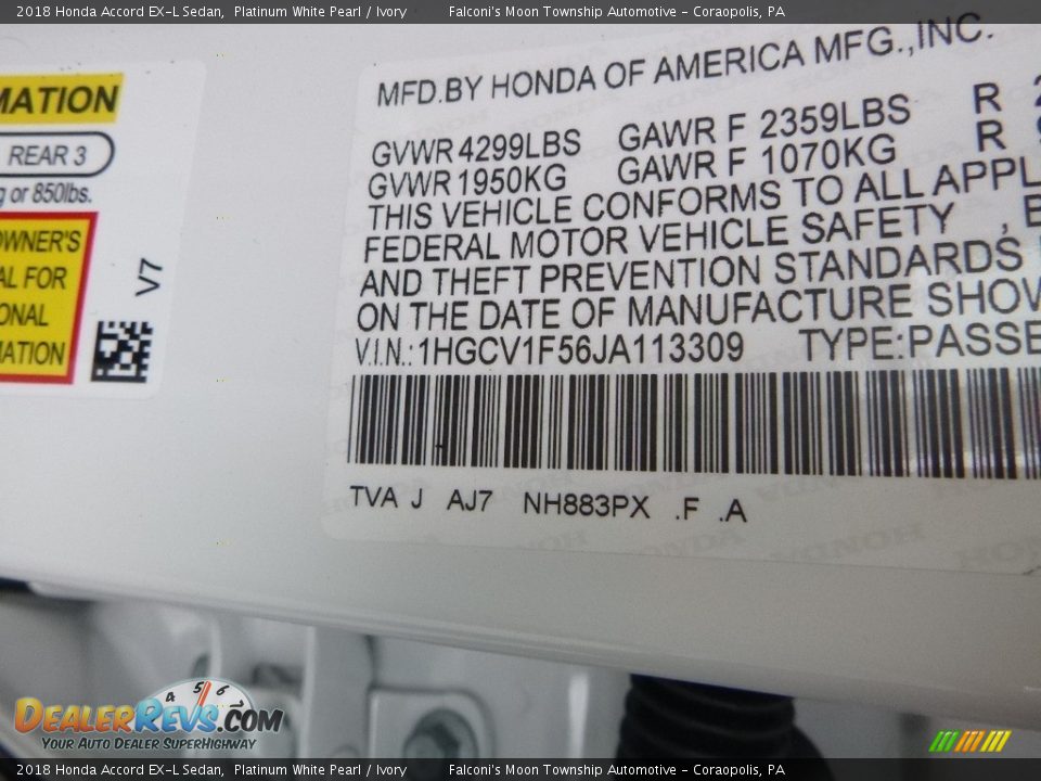 2018 Honda Accord EX-L Sedan Platinum White Pearl / Ivory Photo #12