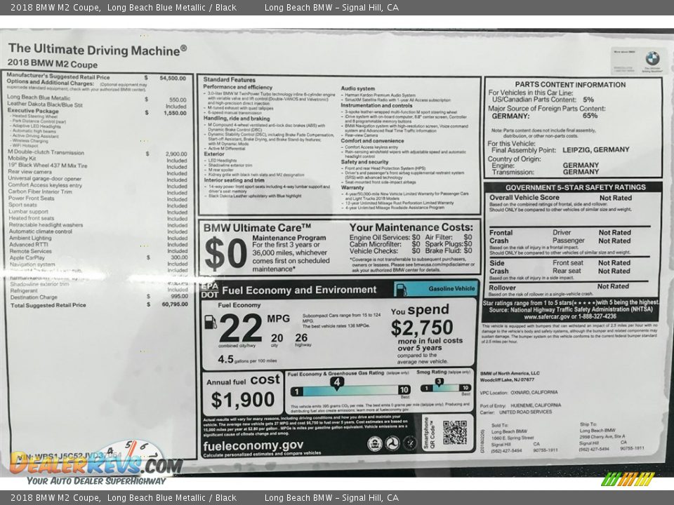 2018 BMW M2 Coupe Window Sticker Photo #10