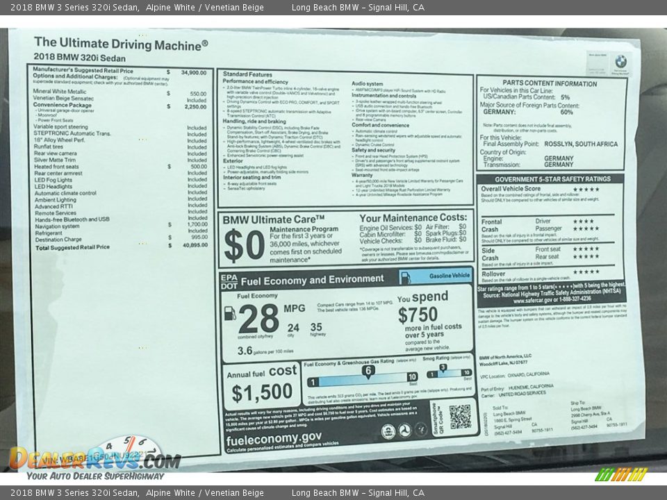 2018 BMW 3 Series 320i Sedan Alpine White / Venetian Beige Photo #10
