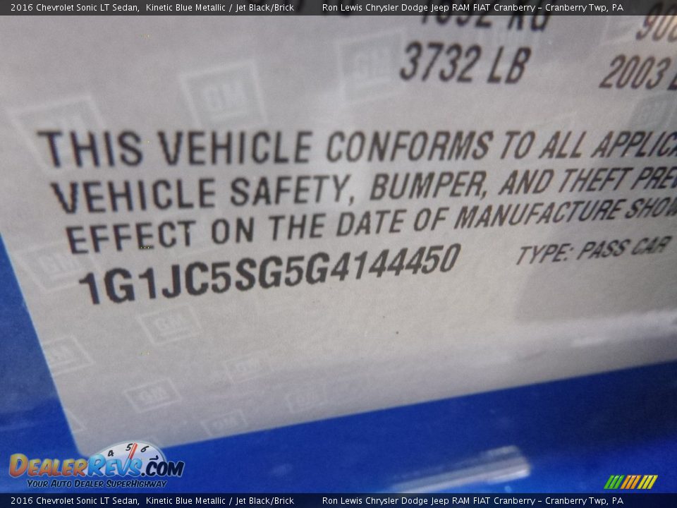 2016 Chevrolet Sonic LT Sedan Kinetic Blue Metallic / Jet Black/Brick Photo #17
